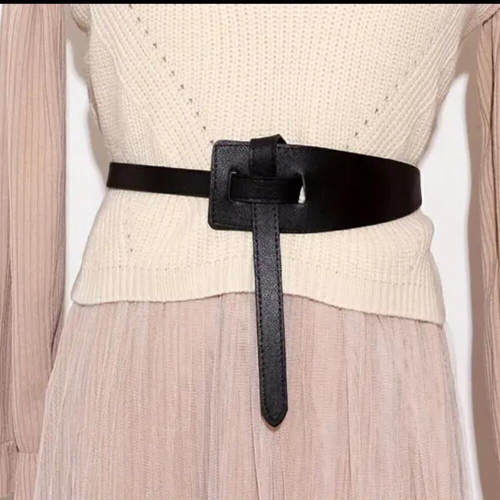 Women's Stylish Black Tie Knot Belt - No Buckle Faux Leather